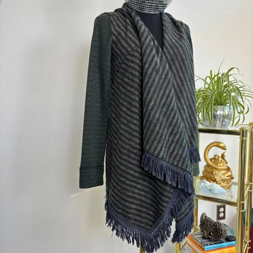 Anthropologie Saturday Sunday Green Striped Fringe Open Front Cardigan XS